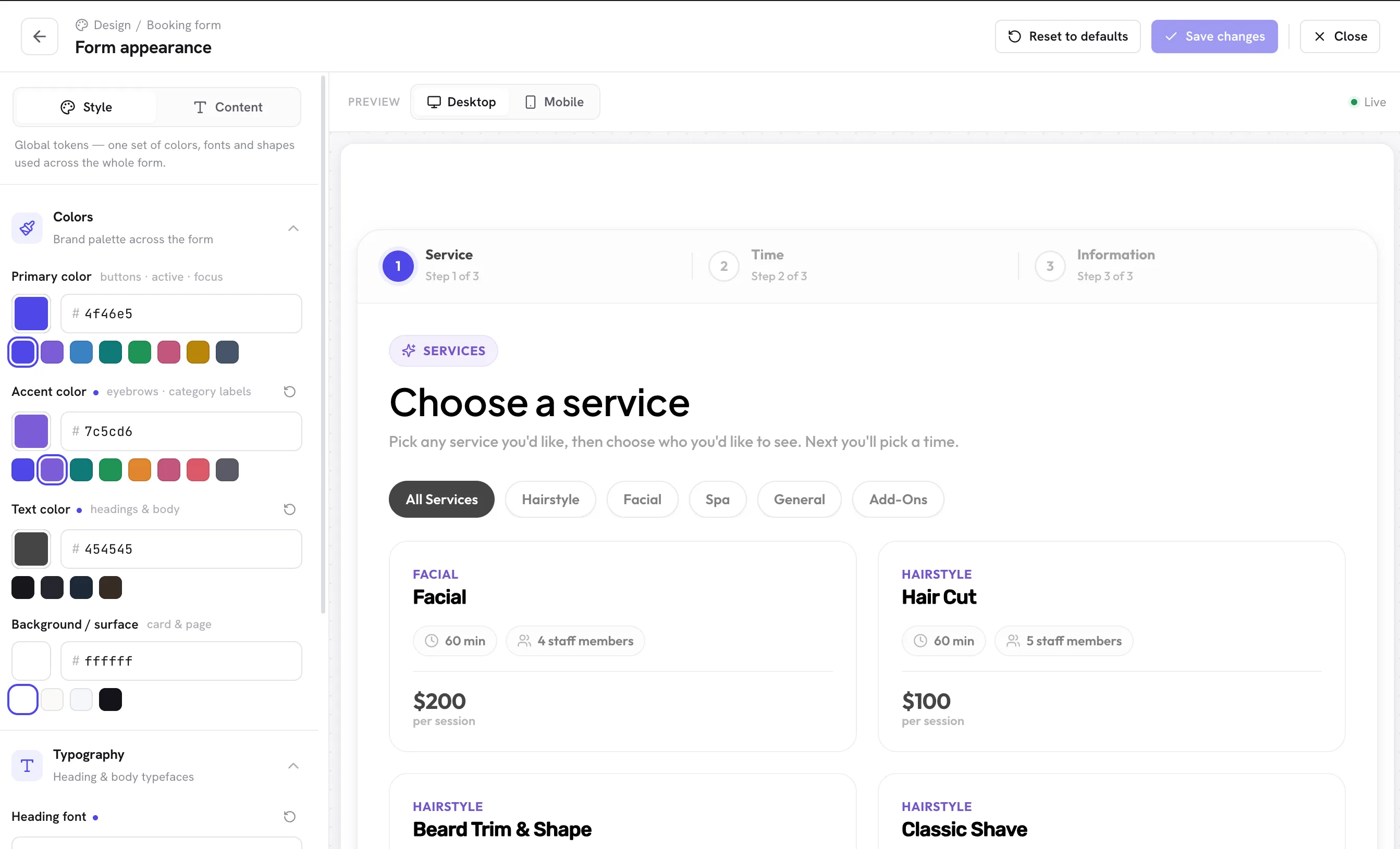 Schedopia Form Appearance customizer with colour, font and shape controls beside a live desktop and mobile preview of the booking form.